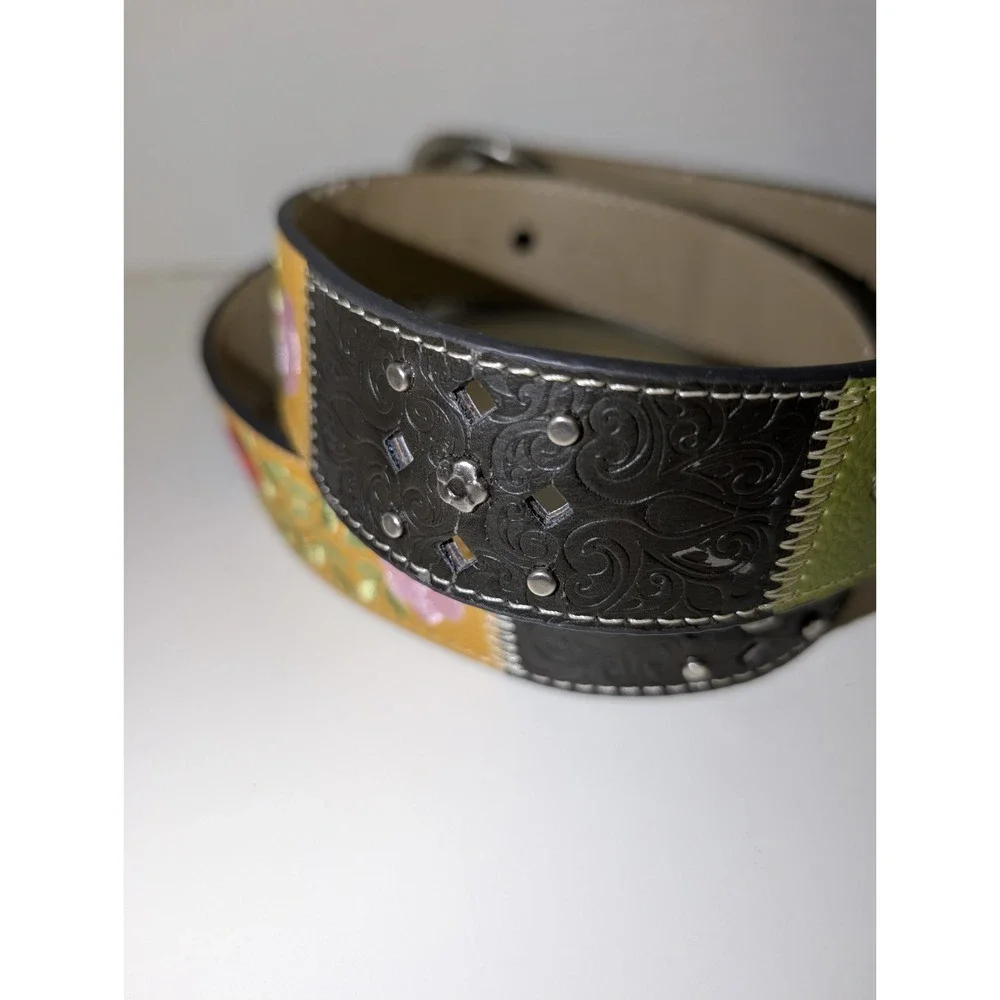 Faux‎ Leather Floral Embroidered Colorful Studded Belt